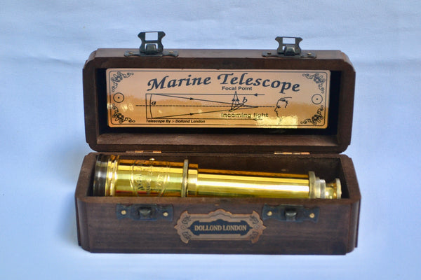 16" Polished Brass Dolland 4 Draw Telescope in a wood box