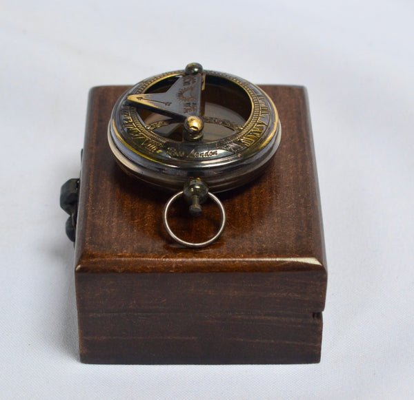 Black 2" Pocket Sundial Compass in a wood box