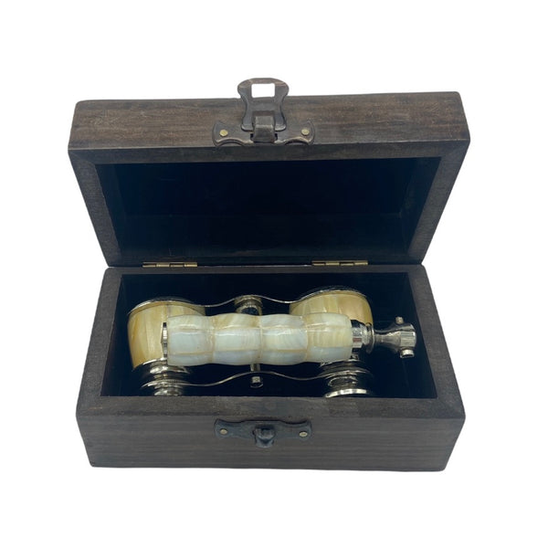 Mother of Pearl & Chrome Opera Glasses in a Wood Box