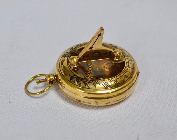 Brass 2" Pocket Sundial Compass in a wood box