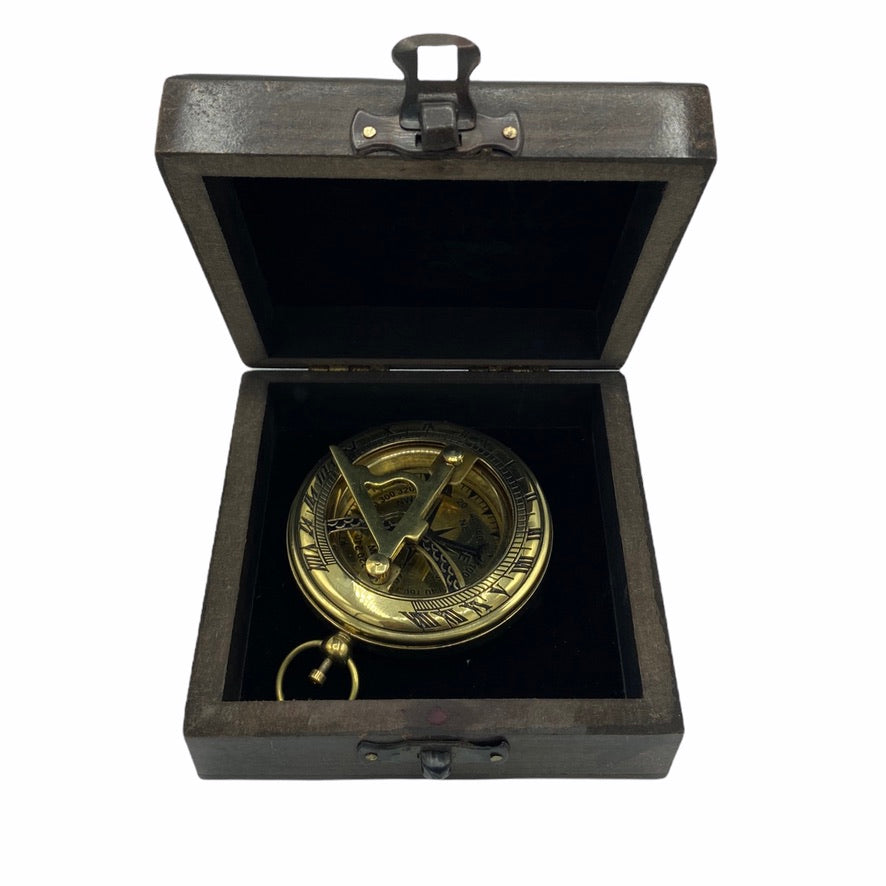 Brass 3 Pocket Sundial Compass In A Wood Box Ahura Collectables 0166