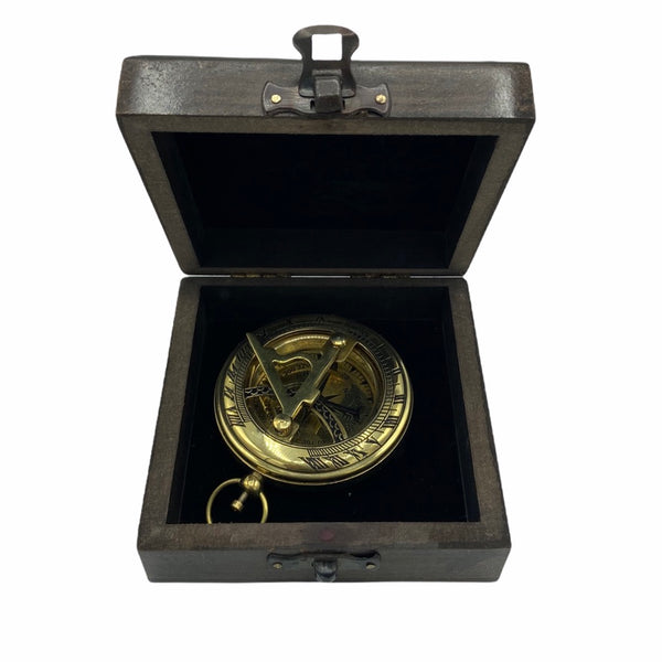 Brass 3 " Pocket Sundial Compass in a wood box
