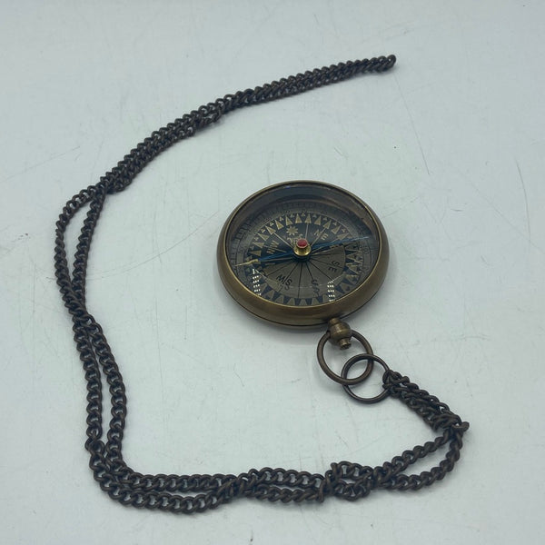 Bronze 2.5 " Locket Compass on a brass chain in a wood box