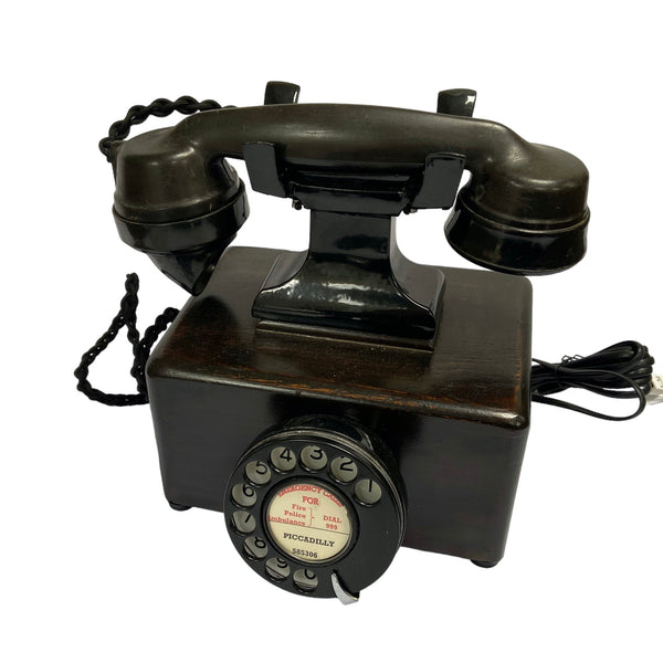 Black Square Box 1930's Style Bakelite Handset Cradle Telephone with Bells behind