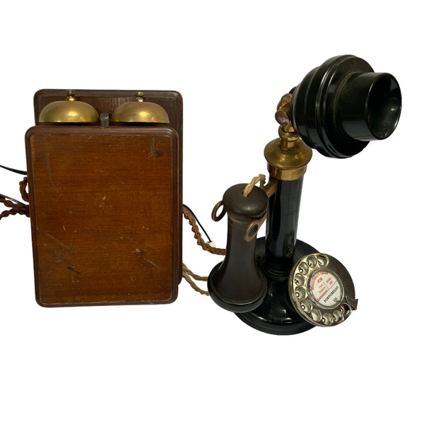 Antique Black & Brass English GPO ( General Post Office ) #150 Candlestick Telephone and Bell Box circa 1910 - 1920's