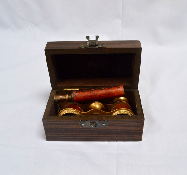 Red Leather Bronze Opera Glasses in a Wood Box