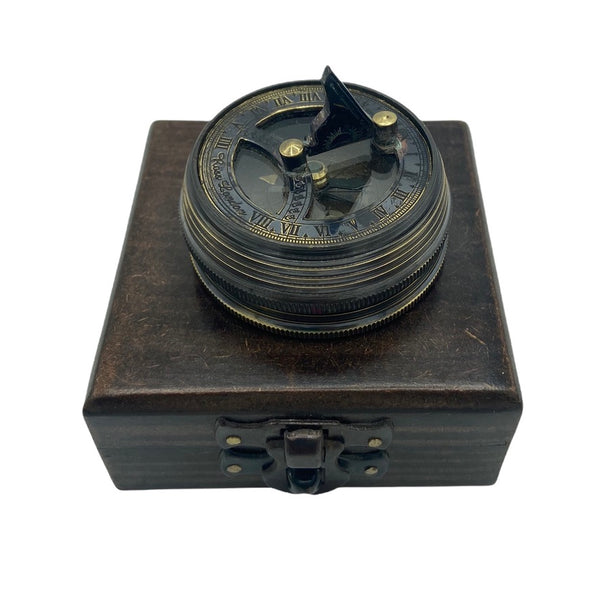 Black 2.2" Ship Pocket Sundial Compass in a wood box
