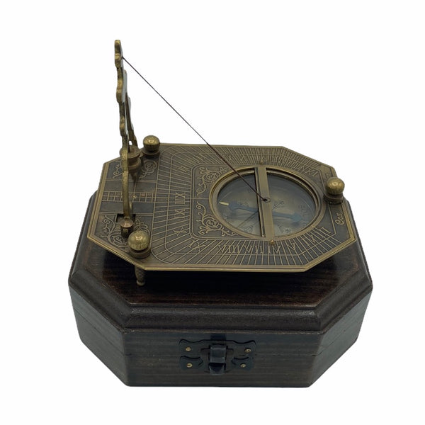 Bronze 4" Plumb-line Folding Sundial Compass in a wood box