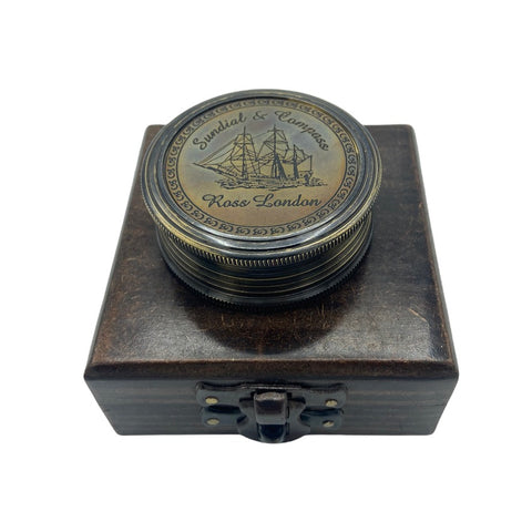 Black 2.2" Ship Pocket Sundial Compass in a wood box