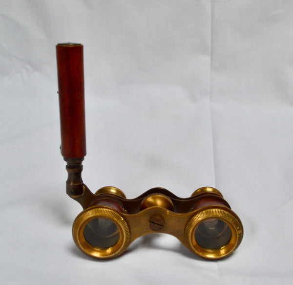Red Leather Bronze Opera Glasses in a Wood Box