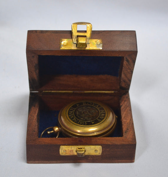 Bronze Royal Navy Style 2" Pocket Compass in a Wood Box