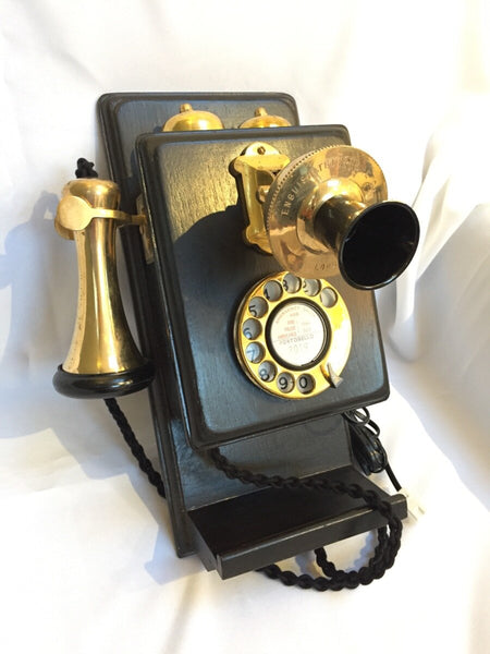 Brass 1930's Style Wooden  Wall Telephone with a Shelf