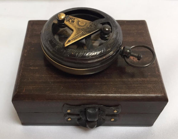Black 2" Pocket Sundial Compass in a wood box