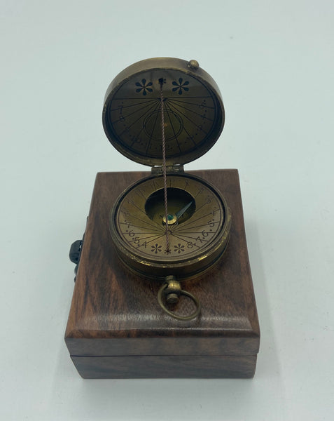 Brass 2" String Compass Sundial in a wood box
