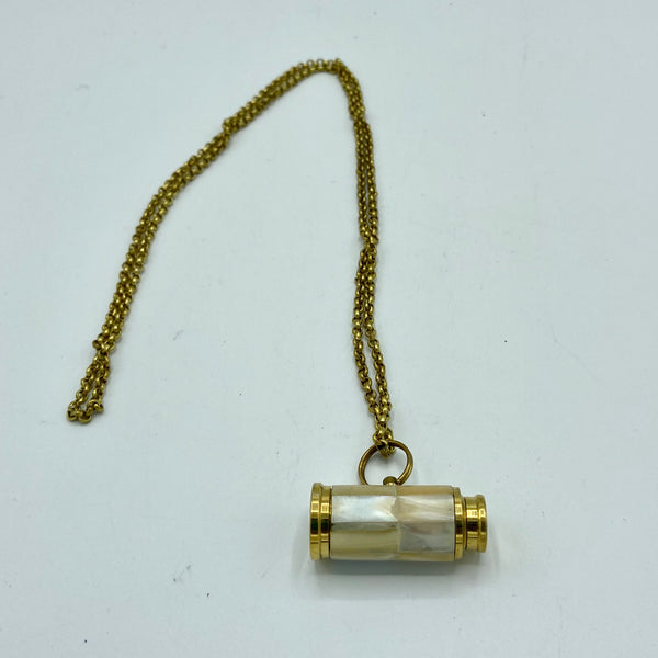 Brass Telescope on a Brass Chain ( Brass, Mother of Pearl , Leather )