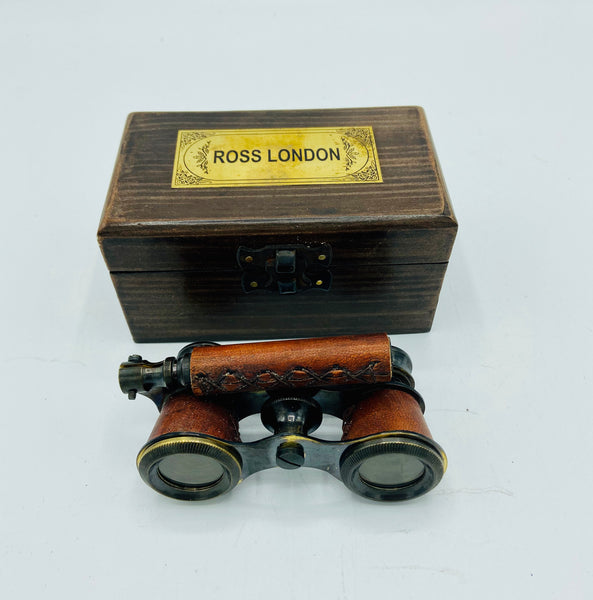 Red Leather Black Opera Glasses in a Wood Box
