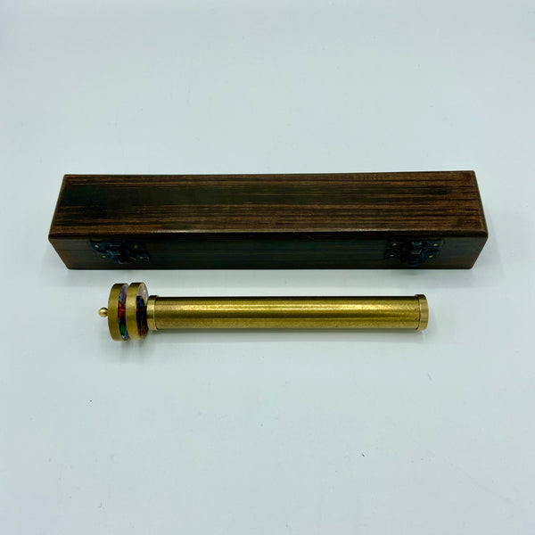 Medium 6.3" Long Brass Double Wheel Kaleidoscope in a wood box
