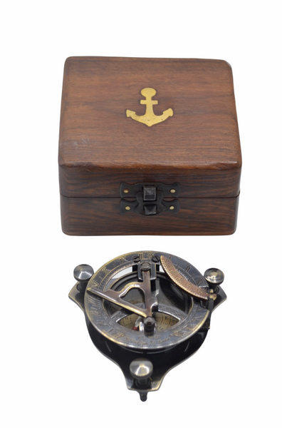 Black 2.5" Folding Sundial Compass in a wood box