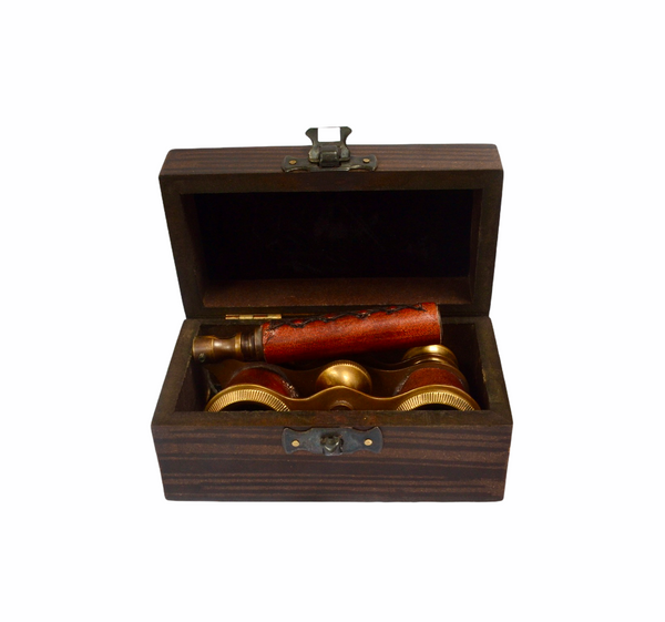 Red Leather Bronze Opera Glasses in a Wood Box