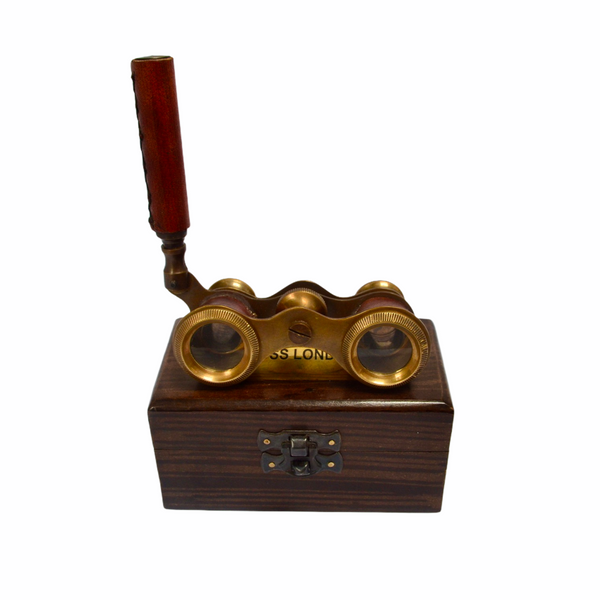 Red Leather Bronze Opera Glasses in a Wood Box