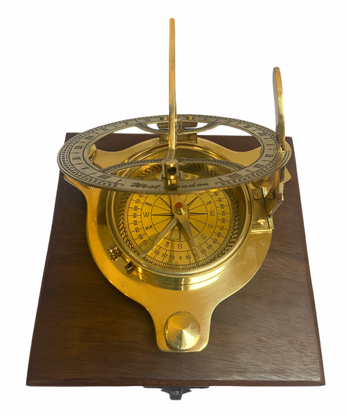 Medium 4" Brass Folding Sundial Compass in a wood box