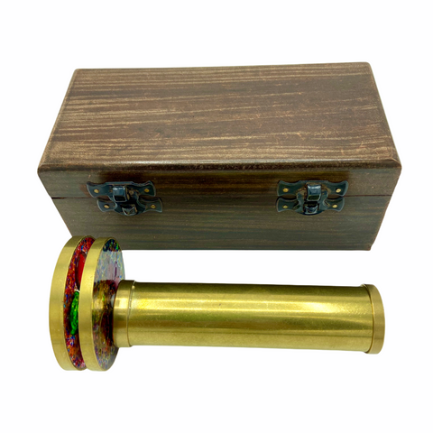 Large 3" Short Brass Double Wheel Kaleidoscope in a wood box