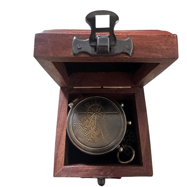 2" Black Chain Compass in a wood box