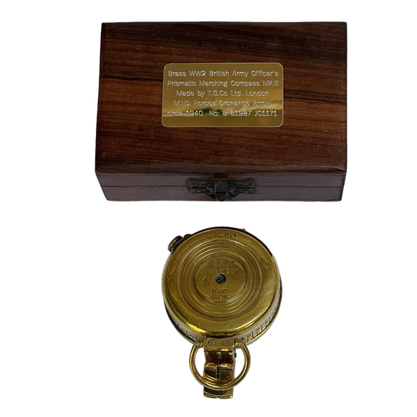 Antique 2nd World War Brass British Army Officer’s 1940 T. G Co. London Prismatic Marching Compass in a wooden box