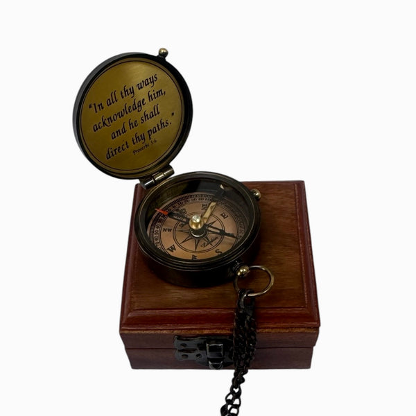 2" Black Chain Compass in a wood box