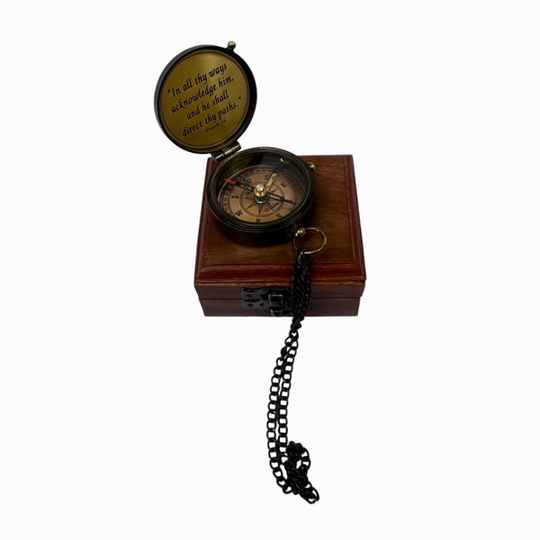2" Black Chain Compass in a wood box