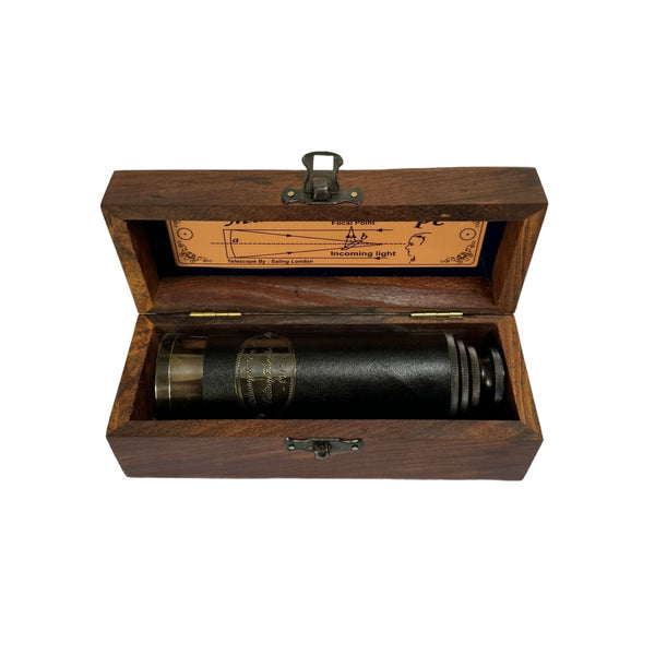 15.5" Black Gunmetal  Leather Ottway 4 Draw Telescope in a wood box.