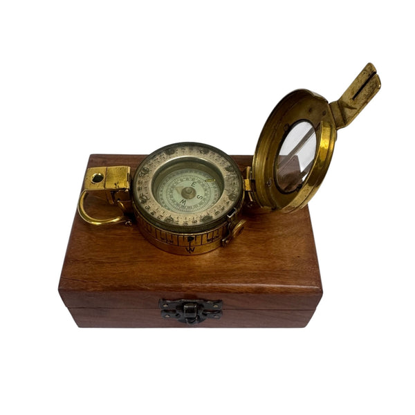 Original Antique 2nd World War Brass Army Officer’s 1944 T. G Co. London Prismatic Compass in a Wooden Box or Original Cloth Pouch