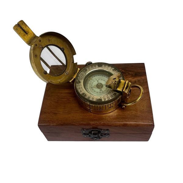 Original Antique 2nd World War Brass Army Officer’s 1944 T. G Co. London Prismatic Compass in a Wooden Box or Original Cloth Pouch
