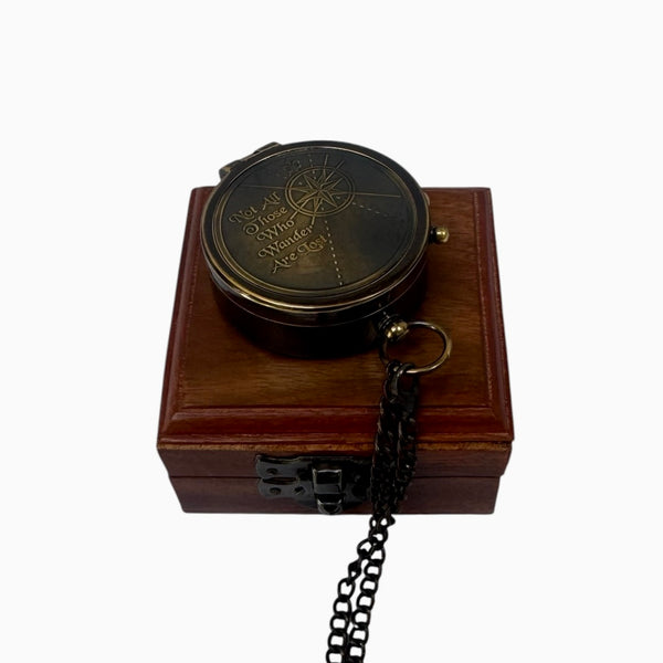 2" Black Chain Compass in a wood box