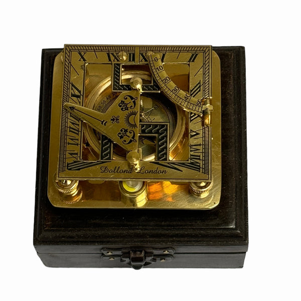 Brass 3" Square Folding Sundial Compass in a Wood Box