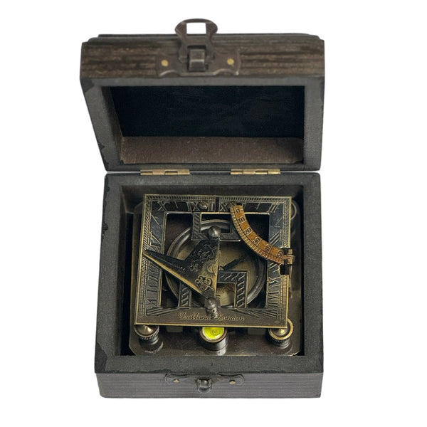 Black 3" Square Folding Sundial Compass in a Wood Box