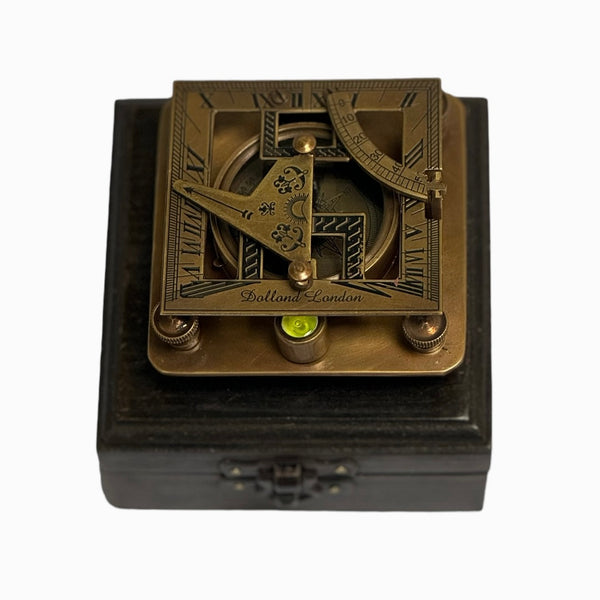 Bronze 3"  Square Folding Sundial Compass in a Wood Box