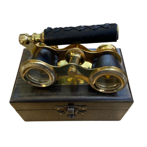 Dark Leather Brass Opera Glasses in a Wood Box