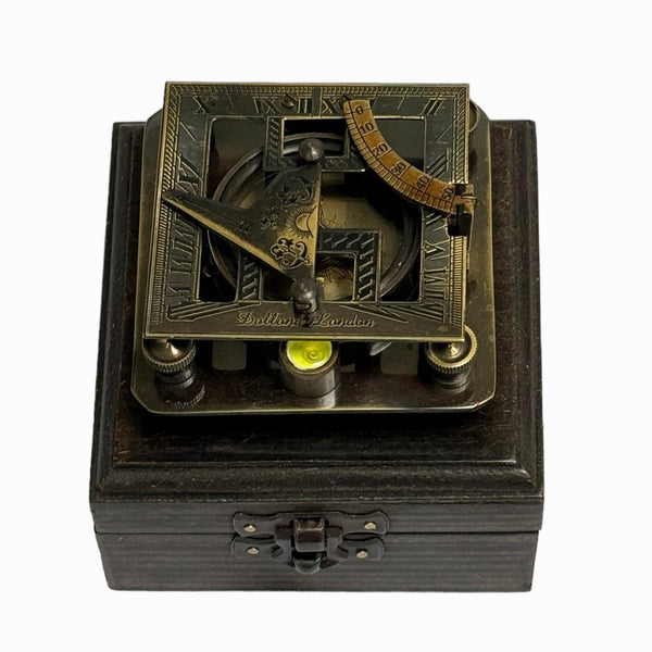Black 3" Square Folding Sundial Compass in a Wood Box