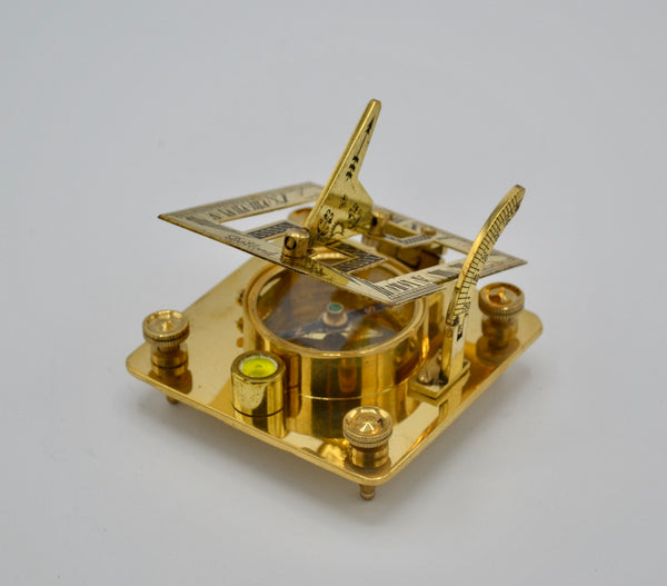 Brass 3" Square Folding Sundial Compass in a Etched Glass Top Box