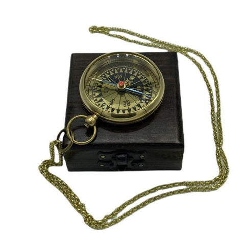 Brass 2.5 " Locket Compass on a brass chain in a wood box