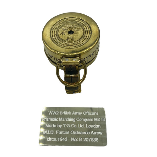 Original Antique 2nd World War Brass Army Officer’s 1943 T. G Co. London Prismatic Compass in a Wooden Box or Original Cloth Pouch