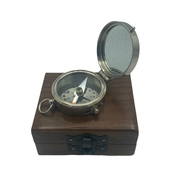 Chrome 2" Pocket Compass in a wood box