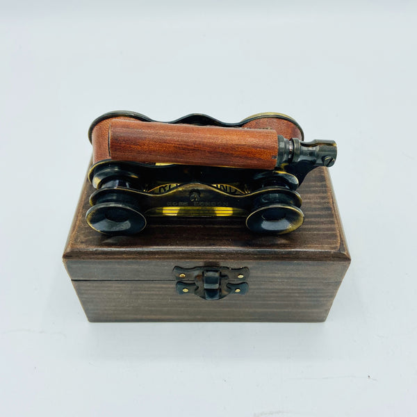 Red Leather Black Opera Glasses in a Wood Box