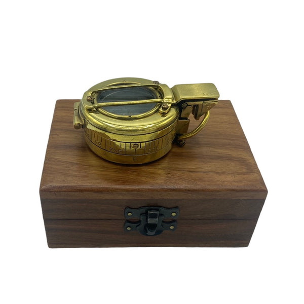 Original Antique 2nd World War Brass Army Officer’s 1944 T. G Co. London Prismatic Compass in a Wooden Box or Original Cloth Pouch