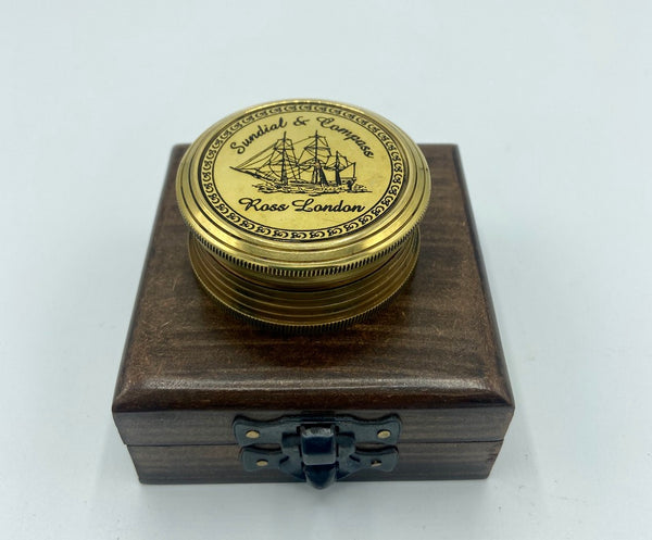 Brass  2.2" Ship Pocket Sundial Compass in a wood box