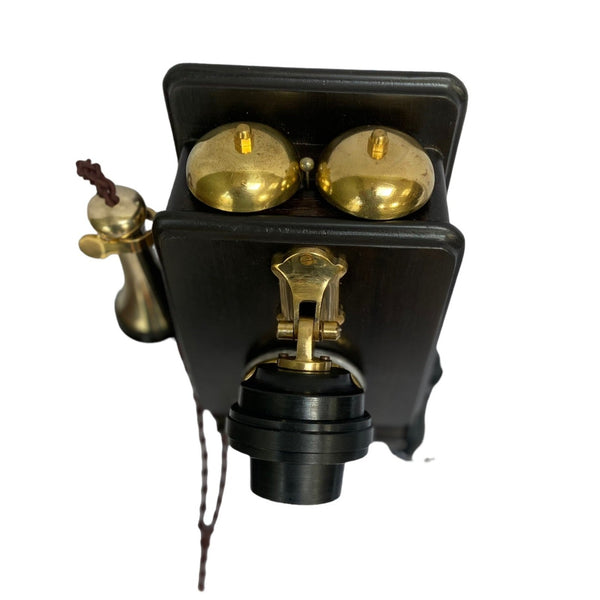 Brass Round Mouth 1920's Style Wooden Wall Telephone with a Shelf