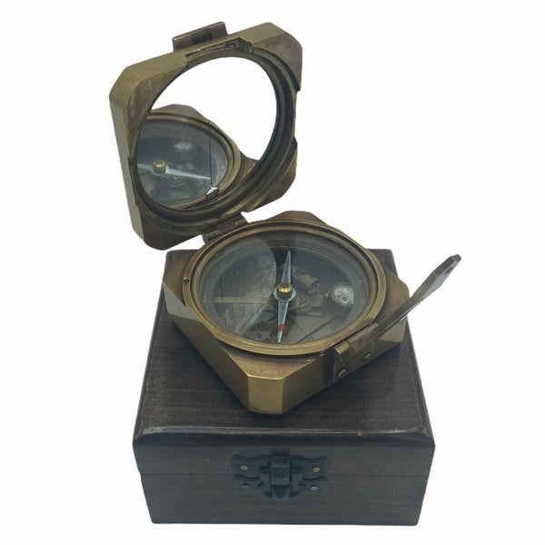 Bronze 3.5" Square Brunton Pocket Transit Surveying or Geology Compass in a Wood Box