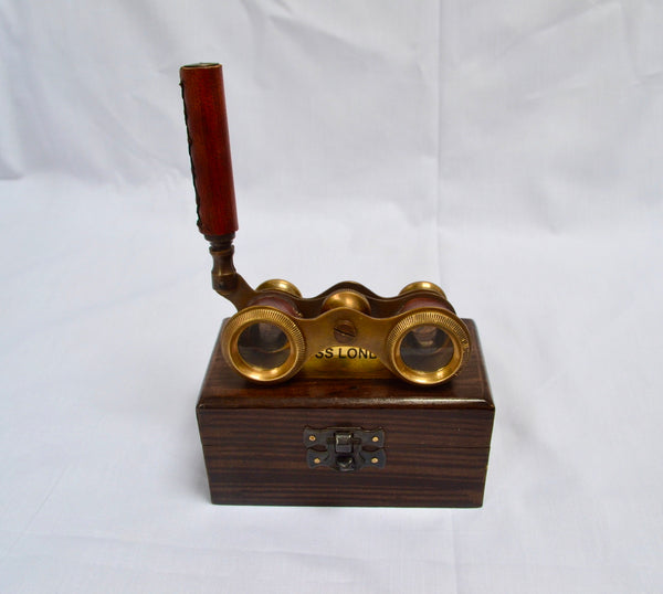 Red Leather Bronze Opera Glasses in a Wood Box