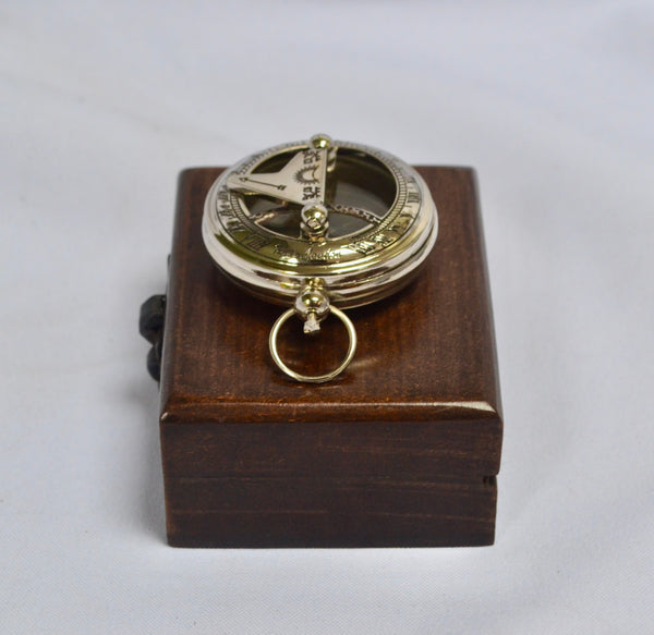 Chrome 2" Pocket Sundial Compass in a wood box